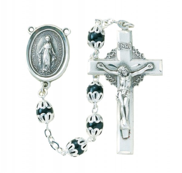 6mm Double Capped Black Glass Bead Rosary in Sterling Silver - Black