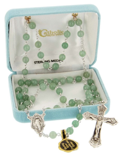 6mm Genuine Adventurine Bead Rosary in Sterling Silver - Green Mist