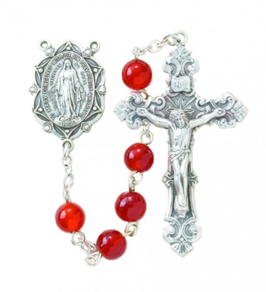 6mm Genuine Red Agate Bead Rosary in Sterling Silver - Red