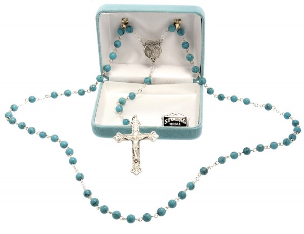 6mm Turquoise Bead Color Rosary in Sterling Silver - Silver | Blue