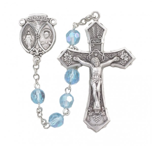6mm Tin Cut Aqua Crystal Bead Rosary in Sterling Silver - Aqua