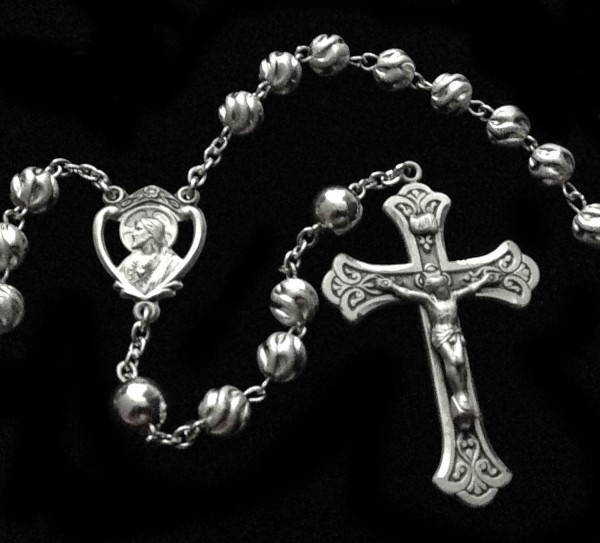 All Sterling Silver Swirl Frosted 7mm Rosary with Scapular Centerpiece - Sterling Silver