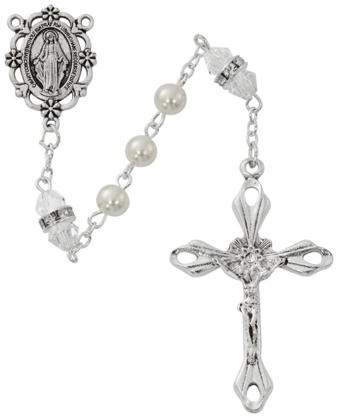 April Birthstone Rosary Crystal Pearl Glass - Crystal
