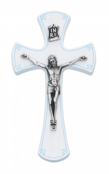 Baby Crucifix with Blue Trim - White | Silver