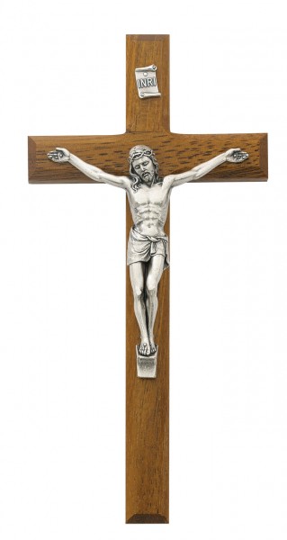 Beveled Walnut Stained Wood Crucifix with Silver-Tone Corpus 8 Inch - Brown