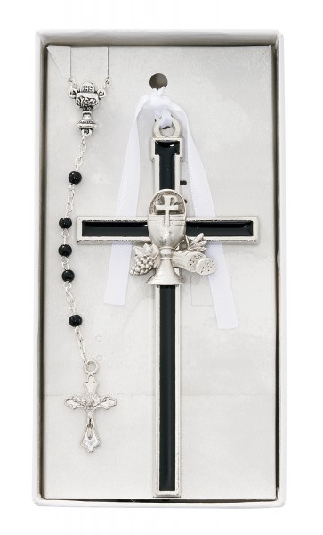 Black Enamel First Communion Wall Cross and Rosary - Black