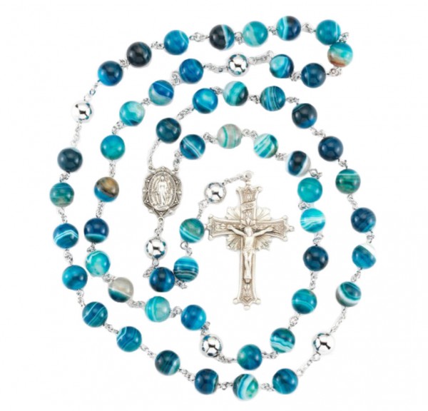 Blue Agate 10mm Rosary in Sterling Silver - Blue
