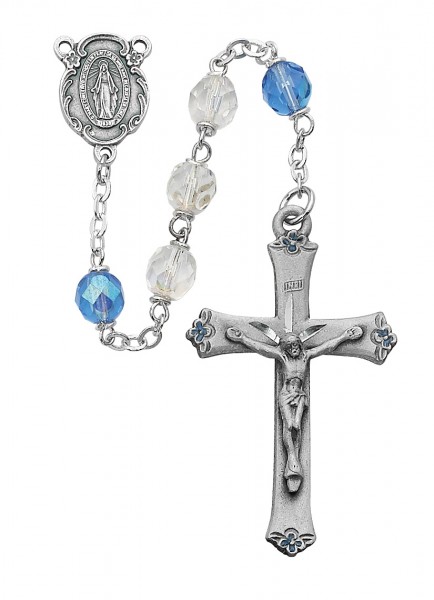 Blue and White Bead Rosary with Enamel Floral Tips - Blue
