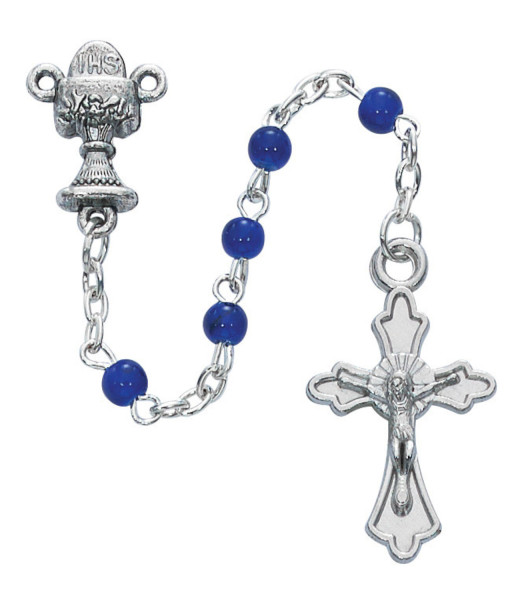 Boys Blue Glass Bead First Communion Rosary with Cross Box - Blue