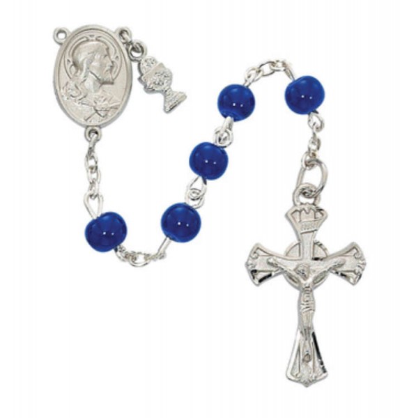 Boys Blue Glass and Sacred Heart First Communion Rosary - Blue