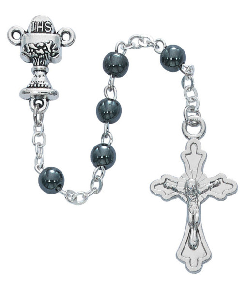 Boys Hematite First Communion Rosary with Cross Box - Gray
