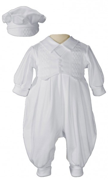 Boy's Long Pant Romper with Windowpane Embroidery - White
