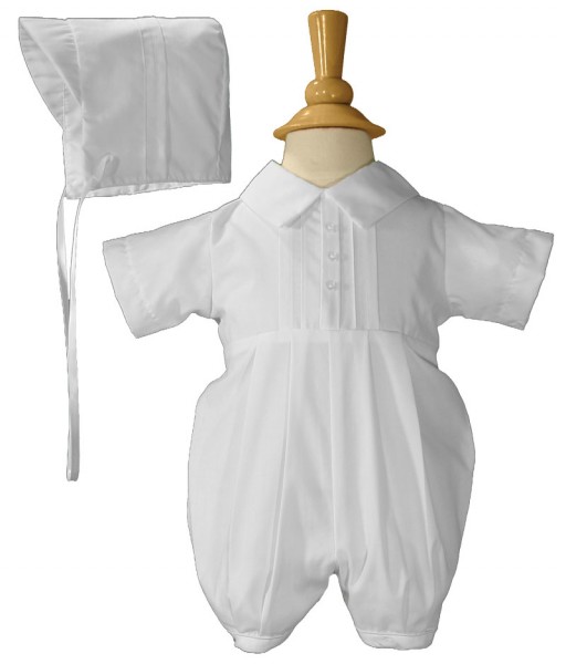 Boys Baptism Short Romper with Pin Tucking - White