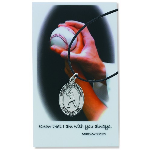 Boy's St. Christopher Baseball Medal Leather Chain Prayer Card - Silver tone