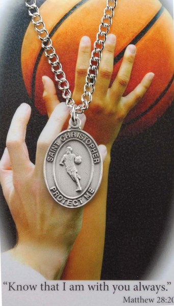 Boys St. Christopher Basketball Medal with Prayer Card - Silver tone
