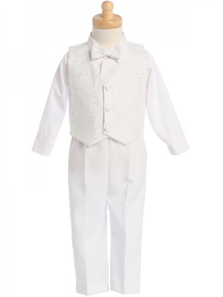 Boy's White 4-Piece Embroidered Jacquard Vest Set - White