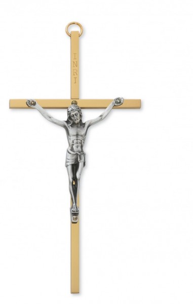 Brass Crucifix with Silver Corpus - 6&quot;H - Two-Tone