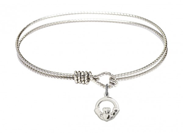 Cable Bangle Bracelet with a Claddagh Charm - Silver