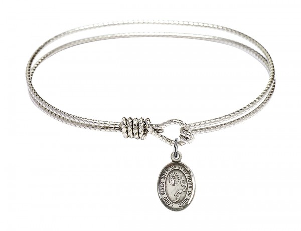 Cable Bangle Bracelet with a Footprints Cross Charm - Silver