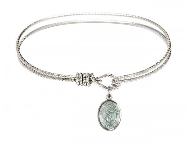 Cable Bangle Bracelet with a Saint Christopher with blue enamel Charm - Silver