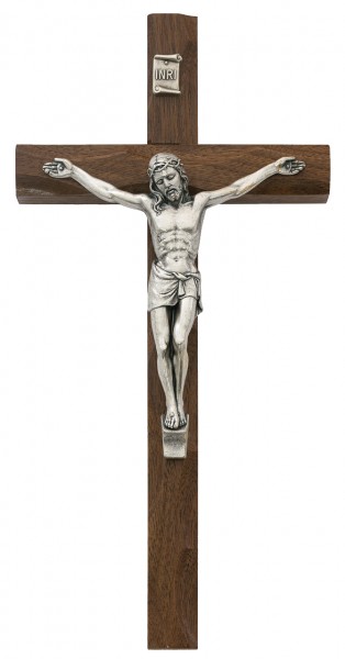 Carved Walnut Wall Crucifix, 10 Inch - Brown