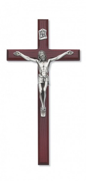 Cherry Stained Beveled Wall Crucifix - 10 inch - Silver