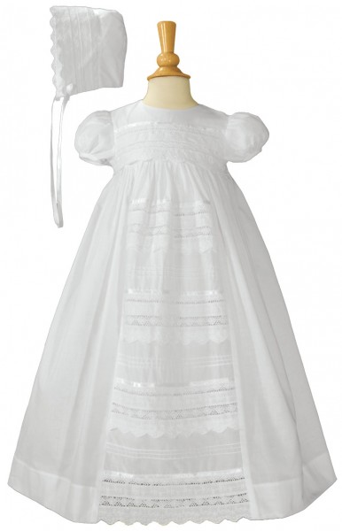 Cotton Baptism Gown with Pin Tucking &amp; Lace Panel - White