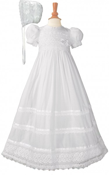 Cotton Batiste Baptism Gown with Cluny Trim - White