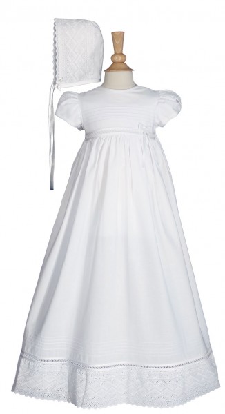 Cotton Christening Gown with Lace Accents - White