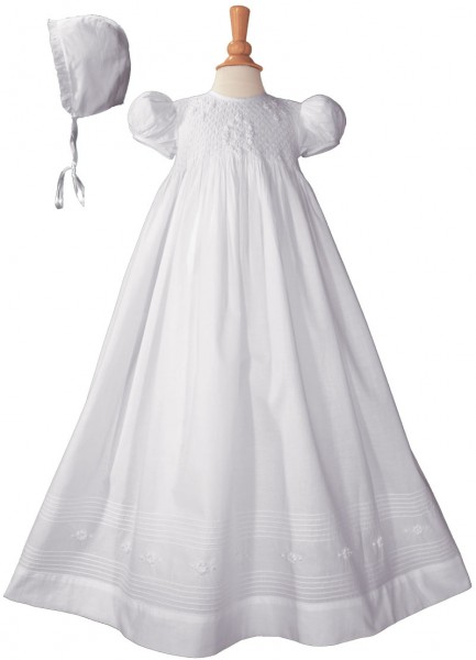 Cotton Embroidered Short Sleeve Long Christening Gown - White