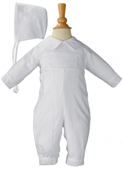 Cotton Hand Smocked Pin Tucked Coverall - White