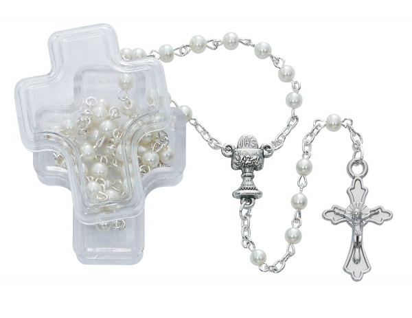 Cross Keepsake Rosary Box and White First Communion Rosary - White