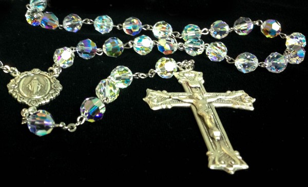 Crystal Aurora Borealis Swarovski Rosary 8mm Miraculous Centerpiece Sterling Silver - Crystal
