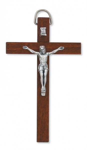 Dark Brown Wood Crucifix with Metal Corpus - 4&quot;H - Brown