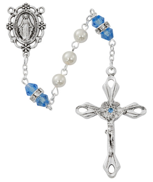 December Birthstone Rosary Light Blue Pearl Glass - Light Blue