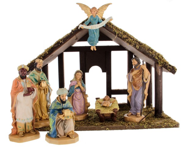 DiGiovanni Nativity Set with Wood Stable - 7 Piece 6&quot; Tall - Multi-Color