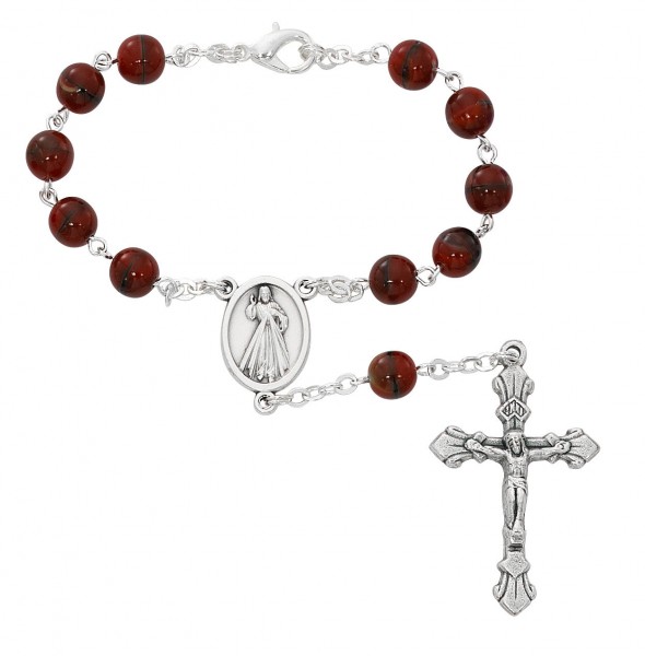 Divine Mercy Red Glass Auto Rosary - Red