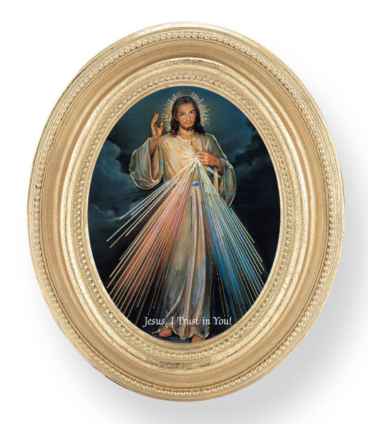 Divine Mercy Small 4.5 Inch Oval Framed Print - Gold