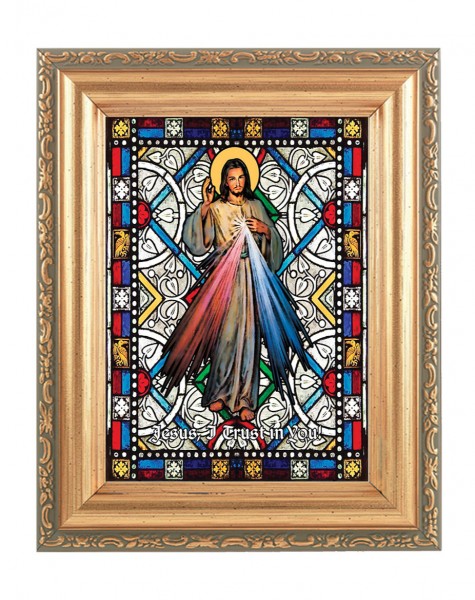 Divine Mercy in Gold Frame Stained Glass Effect - Full Color