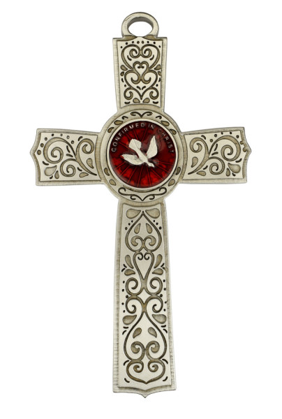 Dove Center Pewter and Red Enamel Confirmation Cross 6 Inches - Silver | Red