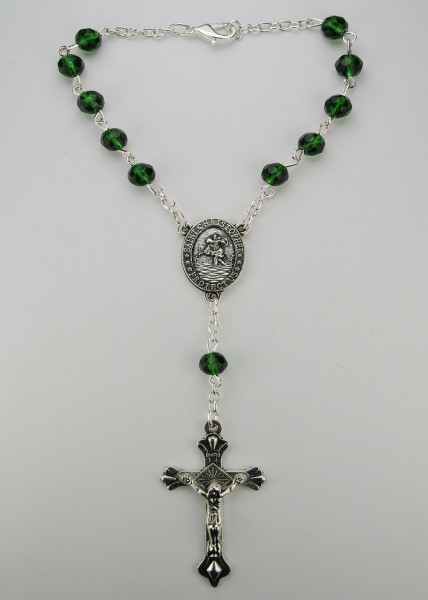 Emerald Auto Rosary - May Birthstone - Emerald Green