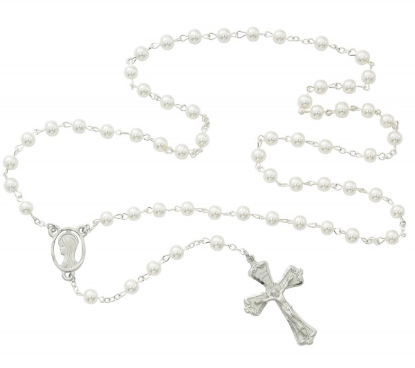 Faux Pearl Rosary with Blessed Mother centerpiece - Pearl White