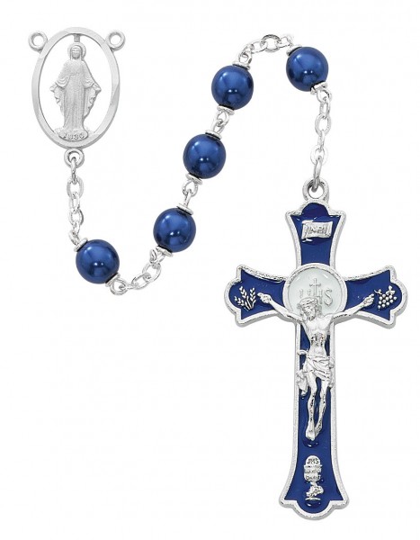 First Communion Blue Metallic Rosary - Blue