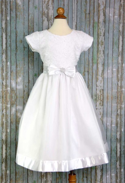 First Communion Dress Embroidered Tulle Sequins - White