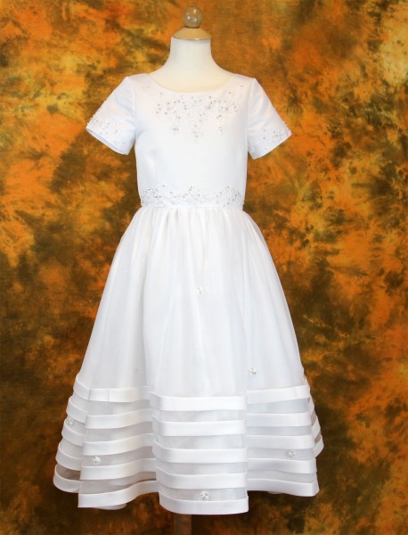 First Communion Dress in Satin with Banded Skirt - White