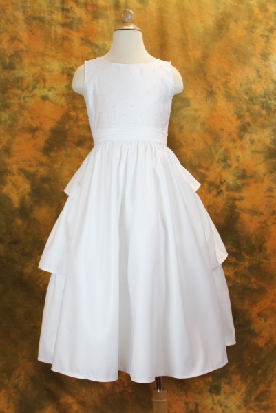 First Communion Dress in Satin with Pearl Accents - White