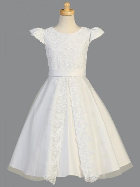 First Communion Dress with Split Lace Front - White