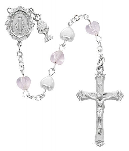 First Communion Pink and White Heart Rosary - White | Pink