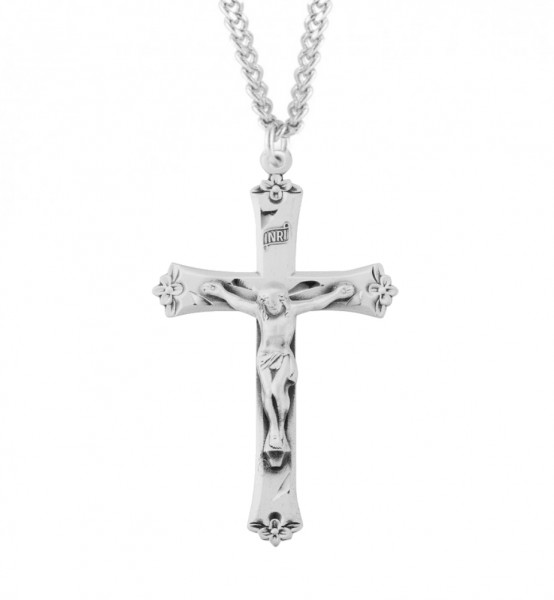 Flower Tip Men's Crucifix Necklace - Sterling Silver