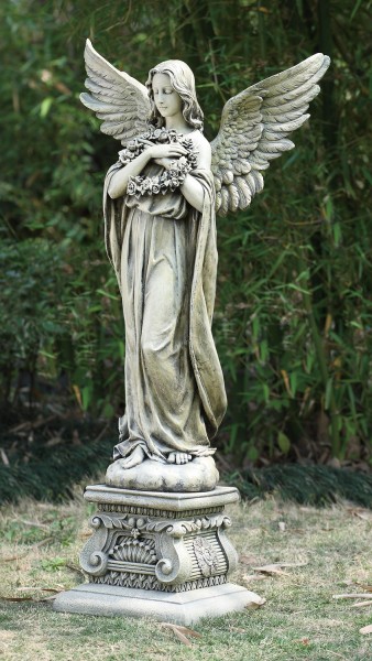 Garden Angel on Pedestal Holding Wreath Statue - 48 - Stone Finish